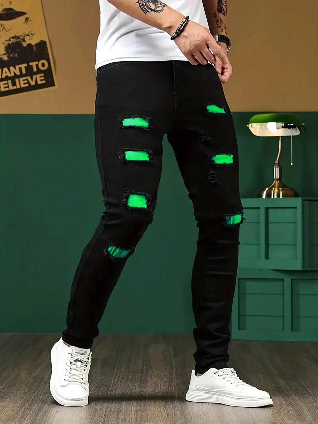 Men's Black Ripped Slim Straight Jeans With Neon Green Patches