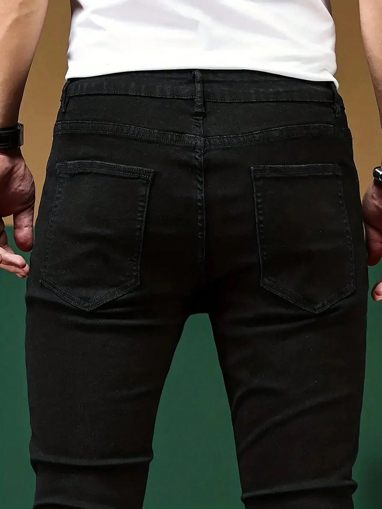Men's Black Ripped Slim Straight Jeans With Neon Green Patches, view 4