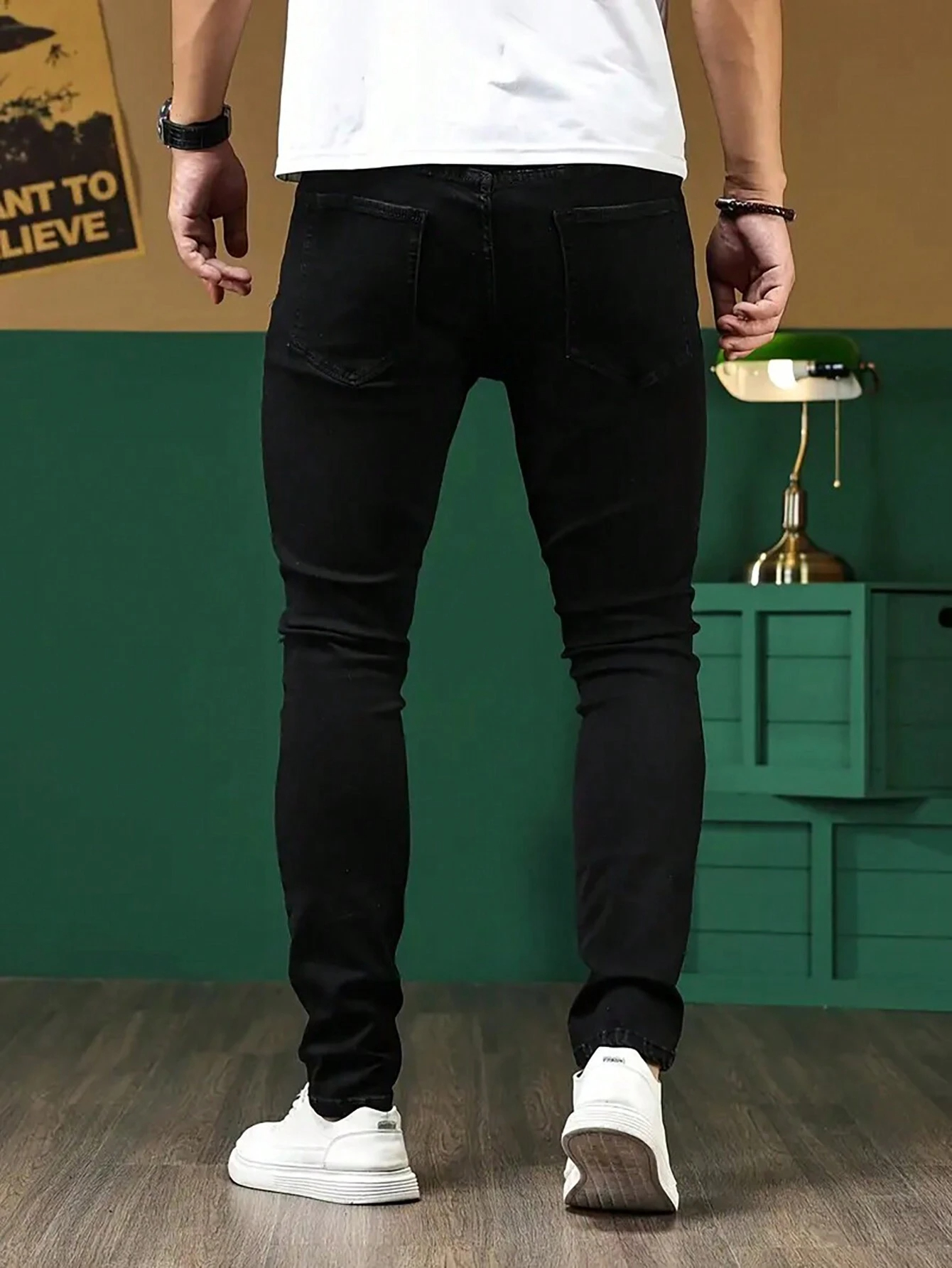 Men's Black Ripped Slim Straight Jeans With Neon Green Patches, view 5