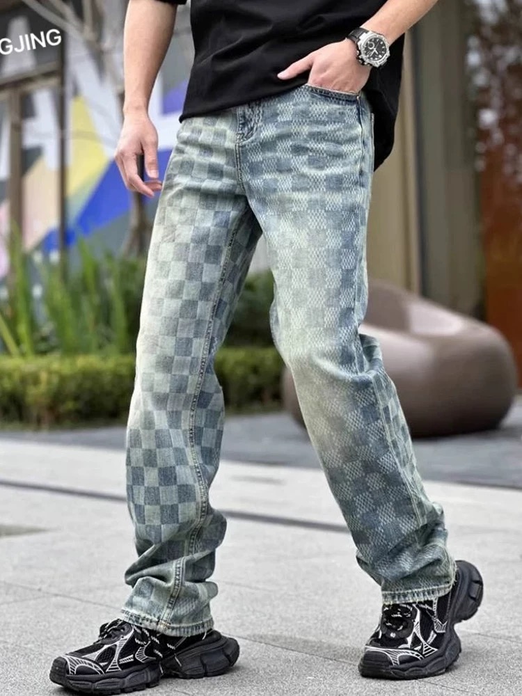 Checkerboard Washed Denim Jeans — Men's Straight Leg, Stretch Cotton, view 3