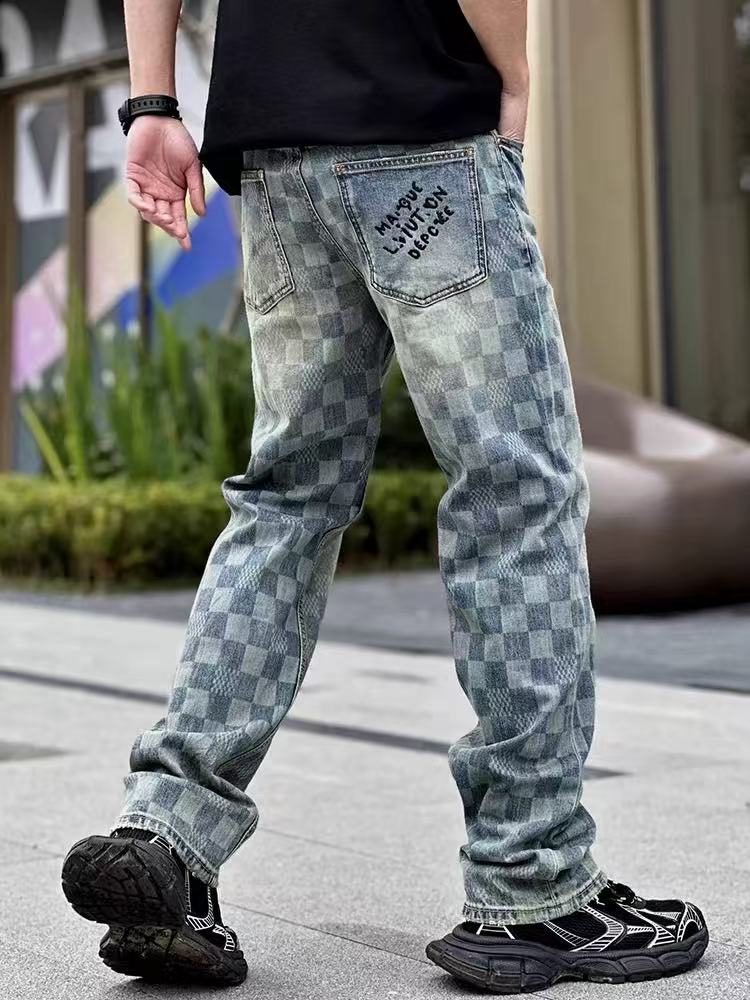 Checkerboard Washed Denim Jeans — Men's Straight Leg, Stretch Cotton, view 2
