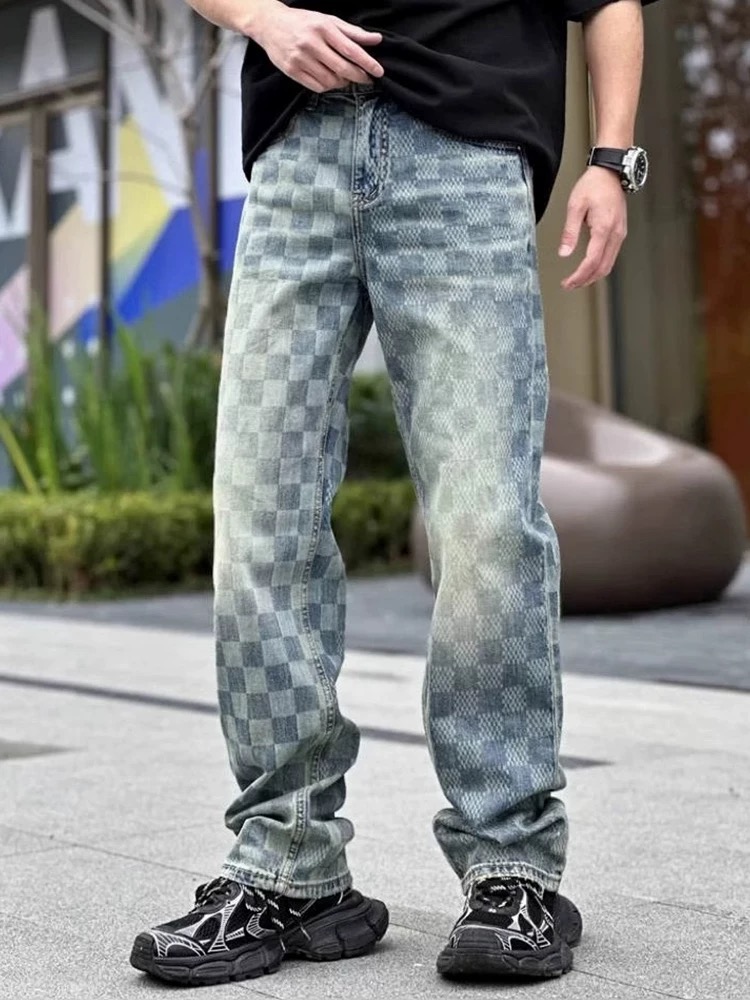 Checkerboard Washed Denim Jeans — Men's Straight Leg, Stretch Cotton, view 4