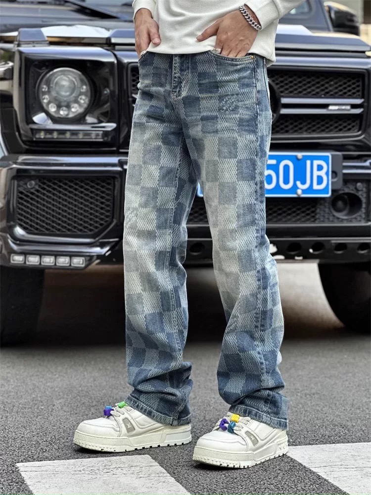 Checkerboard Washed Denim Jeans — Men's Straight Leg, Stretch Cotton, view 5
