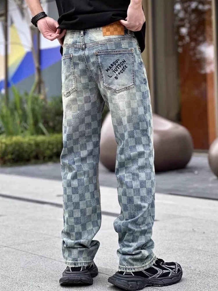 Checkerboard Washed Denim Jeans — Men's Straight Leg, Stretch Cotton, view 6