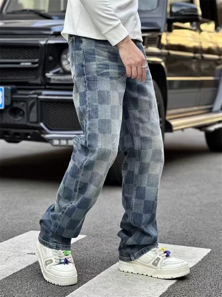 Checkerboard Washed Denim Jeans — Men's Straight Leg, Stretch Cotton, view 7