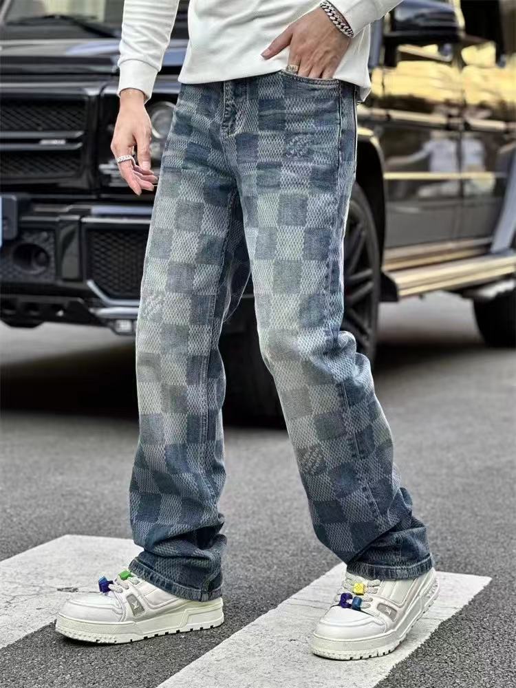 Checkerboard Washed Denim Jeans — Men's Straight Leg, Stretch Cotton