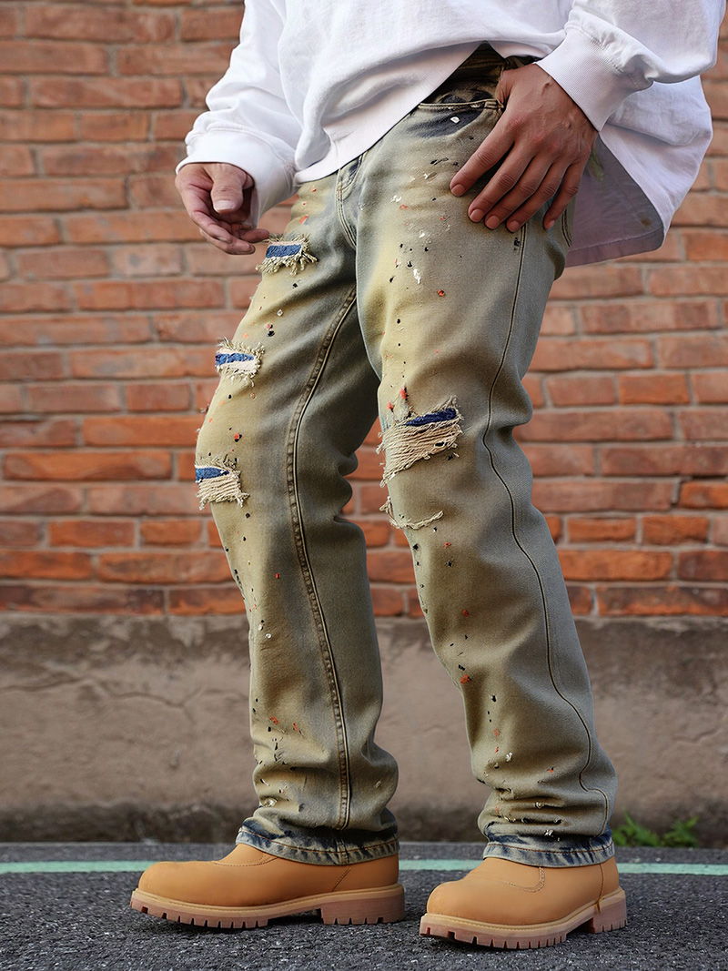 Men's Paint Splatter Distressed Jeans — Slim Straight Stretch Denim, view 2