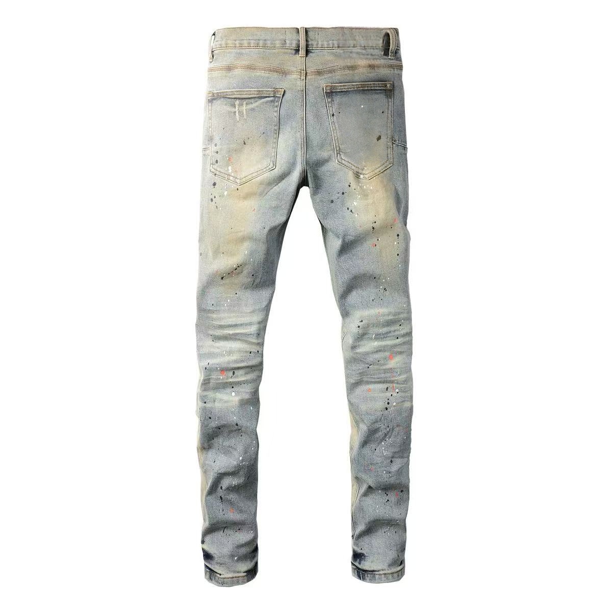 Men's Paint Splatter Distressed Jeans — Slim Straight Stretch Denim, view 4