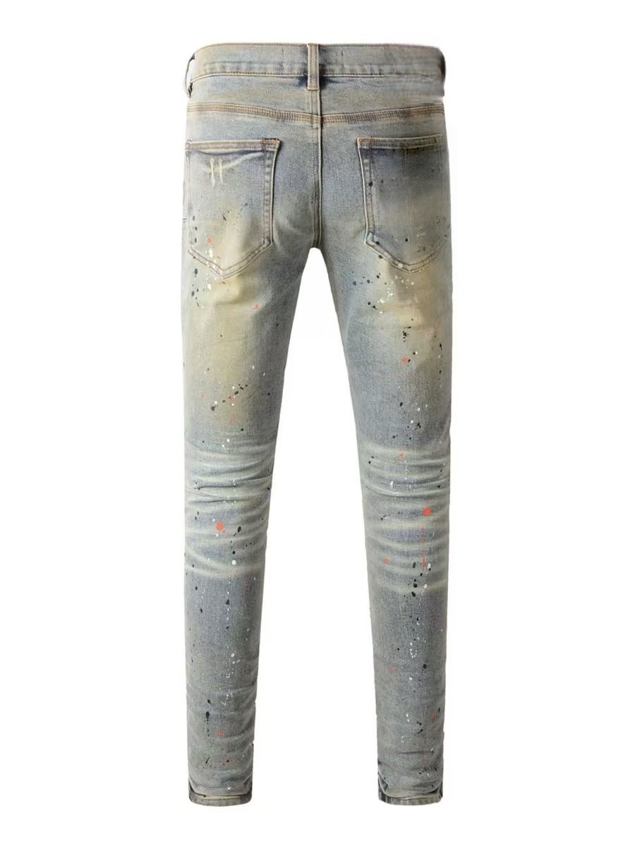 Men's Paint Splatter Distressed Jeans — Slim Straight Stretch Denim, view 6