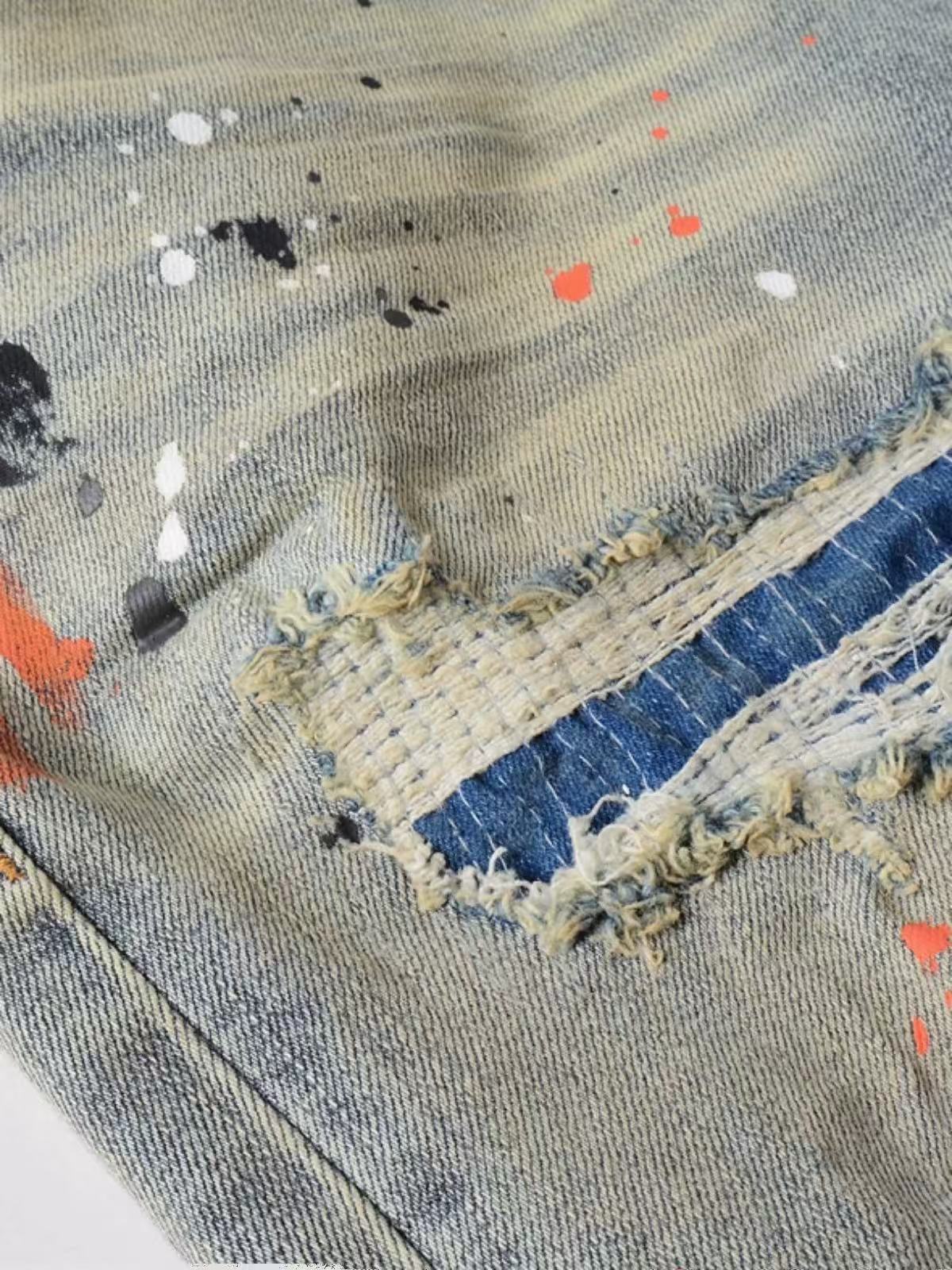 Men's Paint Splatter Distressed Jeans — Slim Straight Stretch Denim, view 7