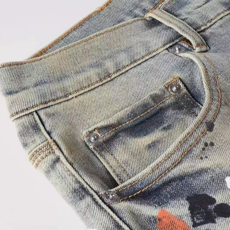 Men's Paint Splatter Distressed Jeans — Slim Straight Stretch Denim, view 8