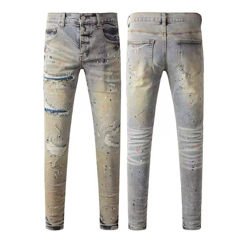 Men's Paint Splatter Distressed Jeans — Slim Straight Stretch Denim