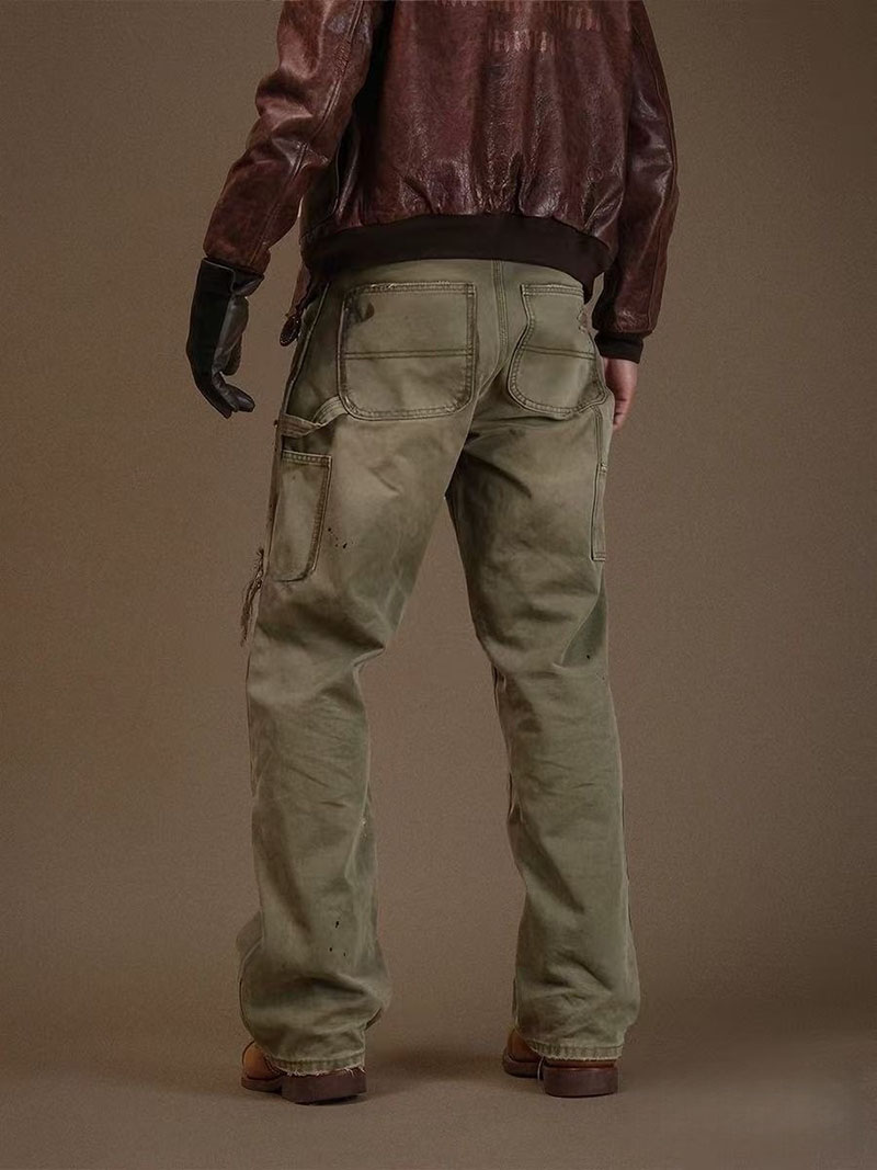 Men's Distressed Olive Carpenter Pants — Washed Cotton, Straight Leg, view 2
