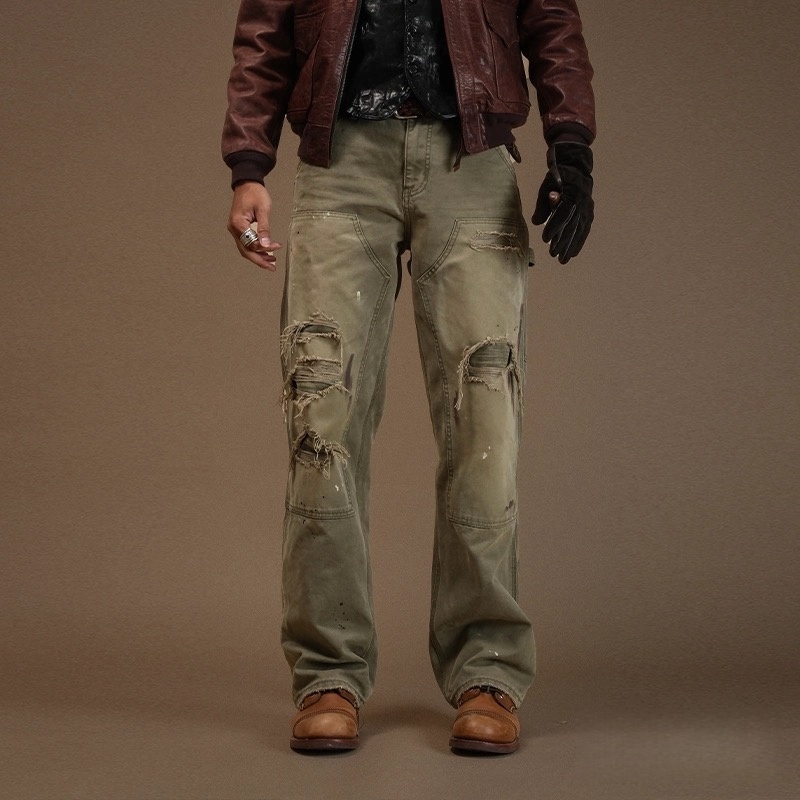 Men's Distressed Olive Carpenter Pants — Washed Cotton, Straight Leg