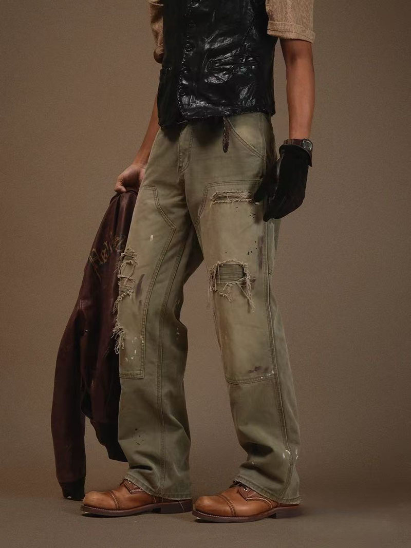 Men's Distressed Olive Carpenter Pants — Washed Cotton, Straight Leg, view 4