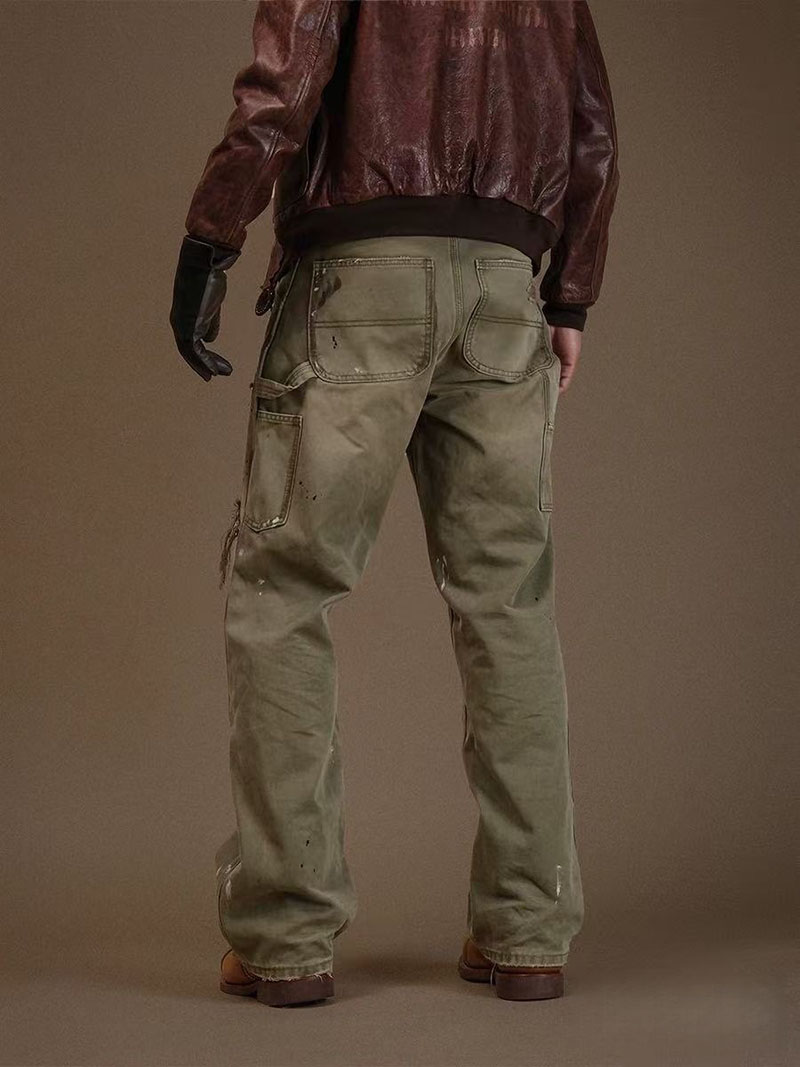 Men's Distressed Olive Carpenter Pants — Washed Cotton, Straight Leg, view 5