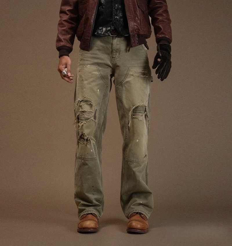 Men's Distressed Olive Carpenter Pants — Washed Cotton, Straight Leg, view 7