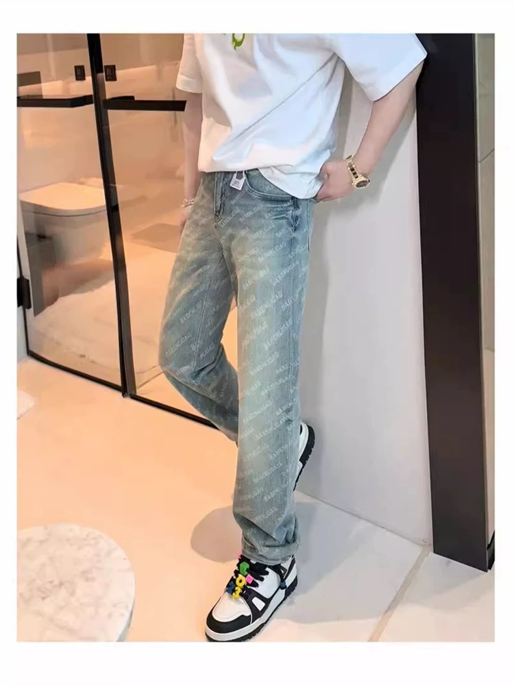 Men's Slim Straight Stretch Jeans — Light Wash, All-Over Letter Print