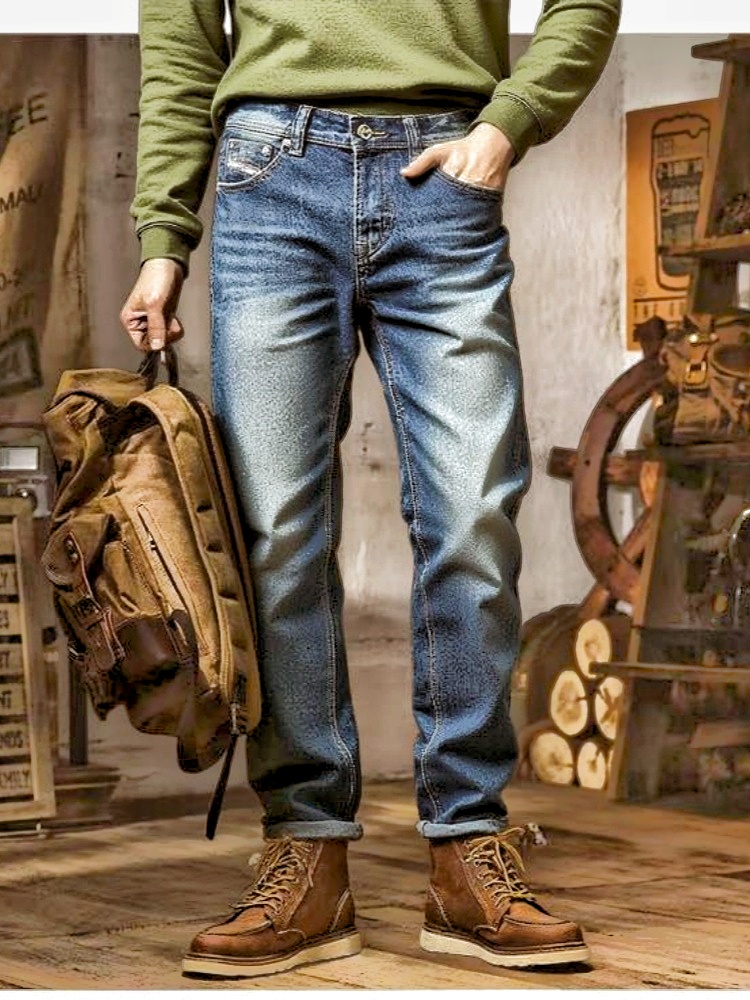 Men's Slim Straight Jeans — Vintage Faded Wash, Stretch Denim