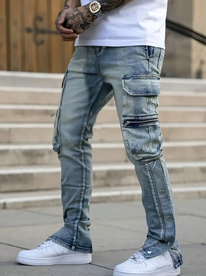 Men's Vintage Wash Cargo Jeans — Snap Hems, Zip & Flap Pockets
