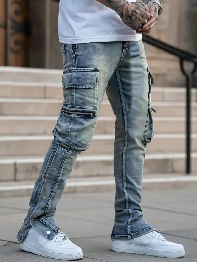 Men's Vintage Wash Cargo Jeans — Snap Hems, Zip & Flap Pockets, view 2