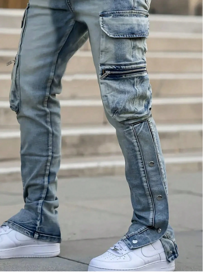 Men's Vintage Wash Cargo Jeans — Snap Hems, Zip & Flap Pockets, view 4