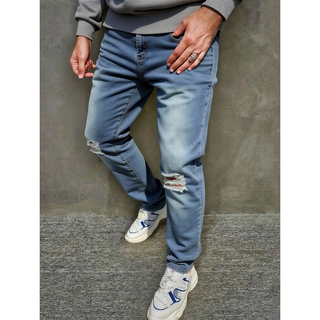 Light Wash Men's Ripped Stretch Jeans — Slim Straight, Raw Frayed Hem - Medium, view 4