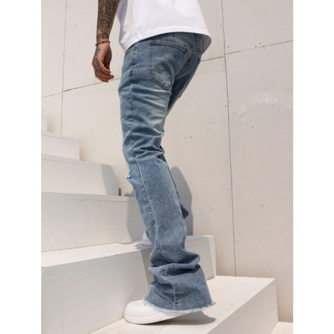 Light Wash Men's Ripped Stretch Jeans — Slim Straight, Raw Frayed Hem - Medium, view 5