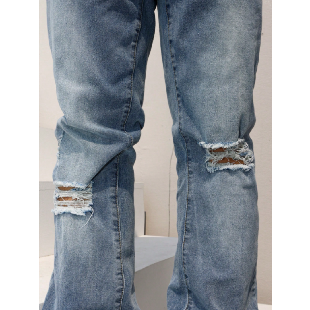 Light Wash Men's Ripped Stretch Jeans — Slim Straight, Raw Frayed Hem - Medium, view 6