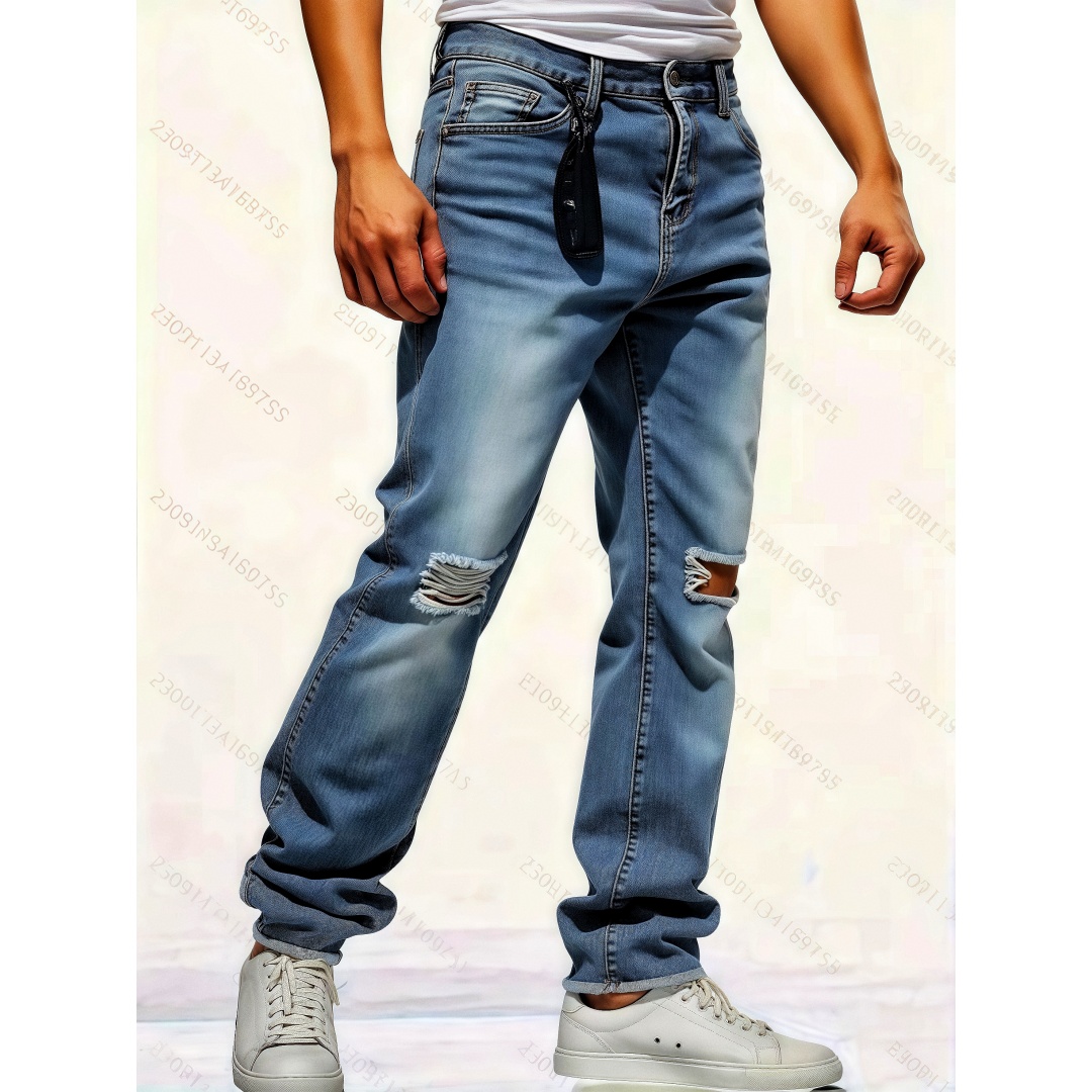 Light Wash Men's Ripped Stretch Jeans — Slim Straight, Raw Frayed Hem - Medium, view 7