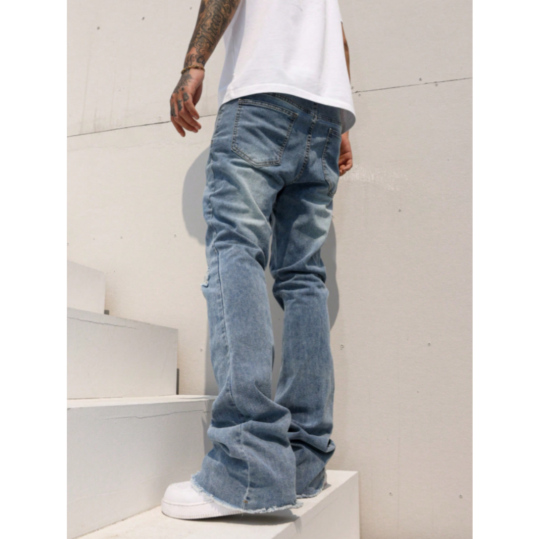Light Wash Men's Ripped Stretch Jeans — Slim Straight, Raw Frayed Hem - Medium, view 8