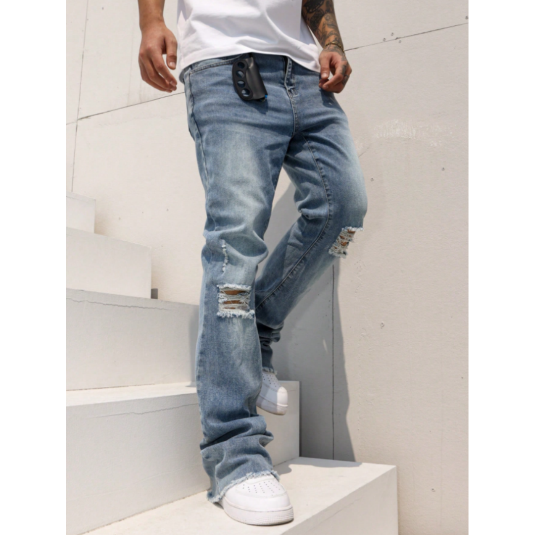 Light Wash Men's Ripped Stretch Jeans — Slim Straight, Raw Frayed Hem - Medium