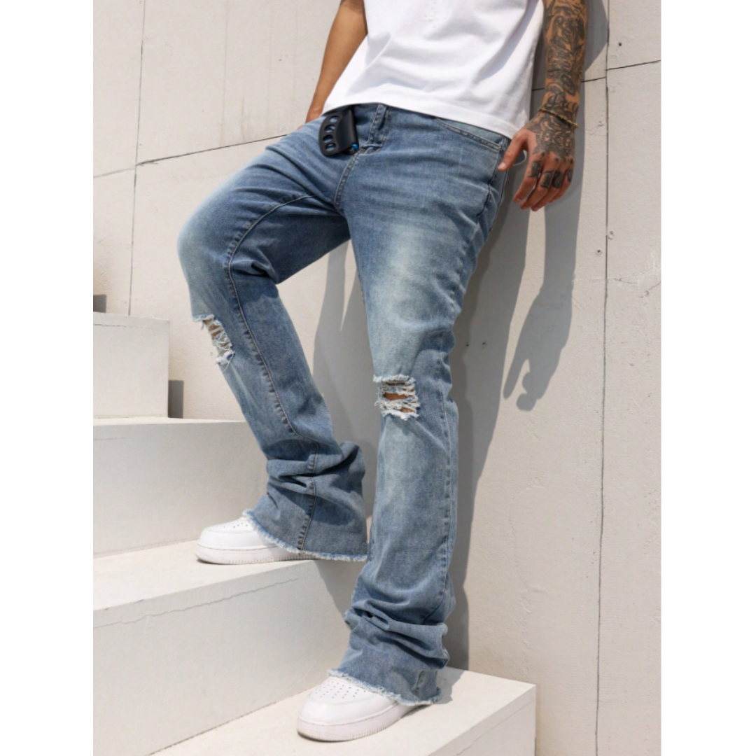 Light Wash Men's Ripped Stretch Jeans — Slim Straight, Raw Frayed Hem - Medium, view 2