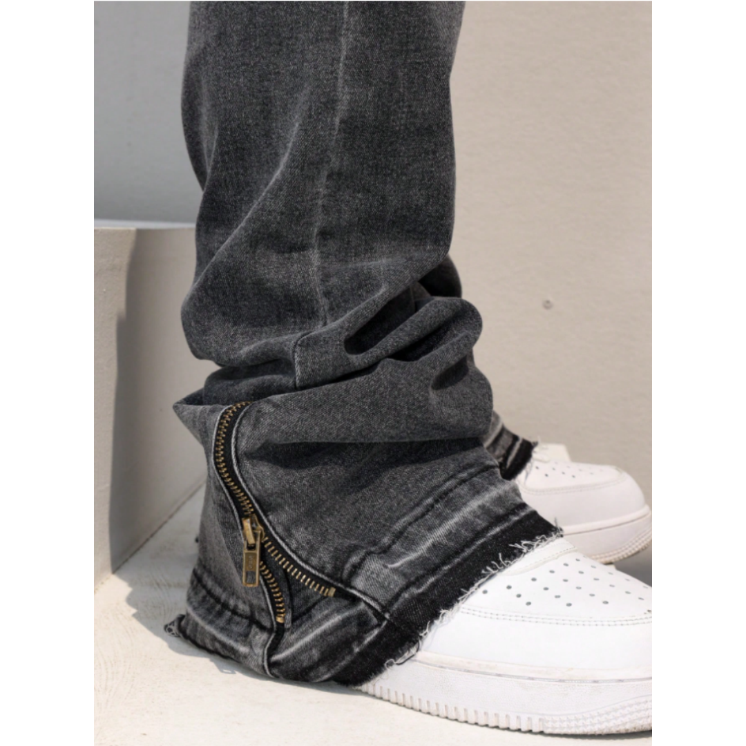 Men's Grey Acid Wash Stacked Flare Jeans With Ankle Zips, view 8