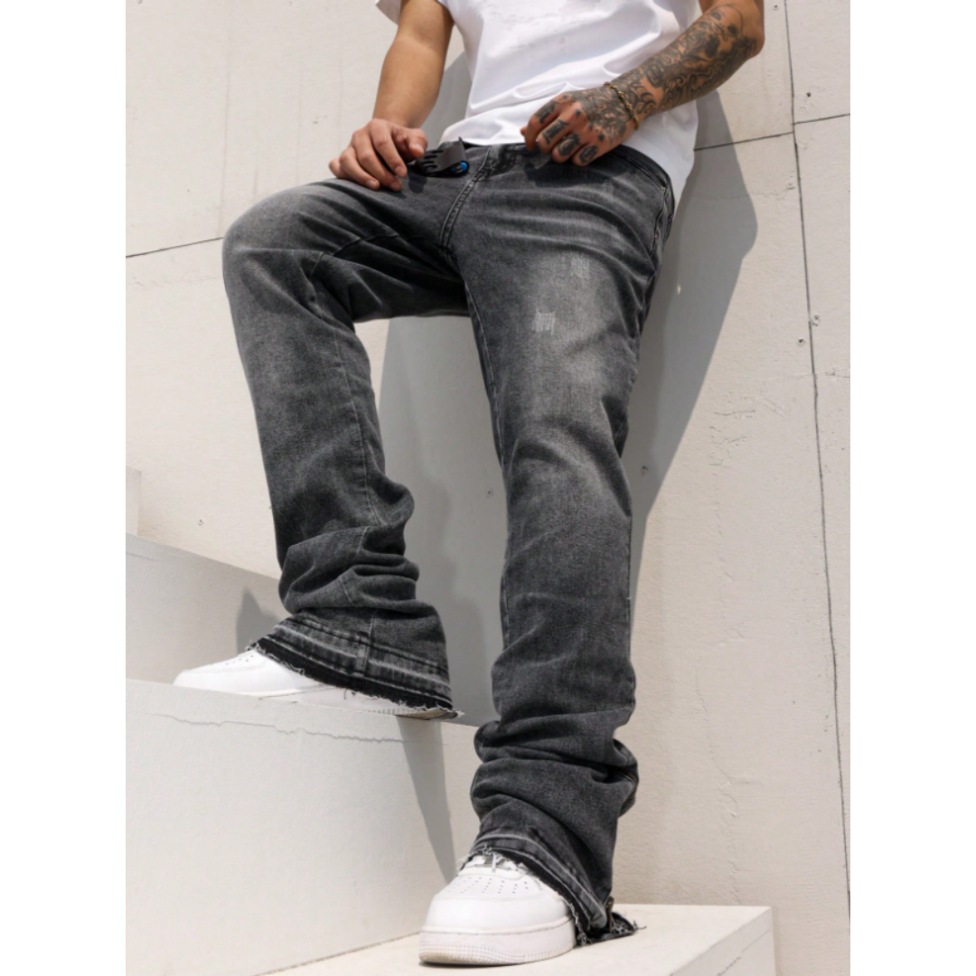 Men's Grey Acid Wash Stacked Flare Jeans With Ankle Zips, view 2