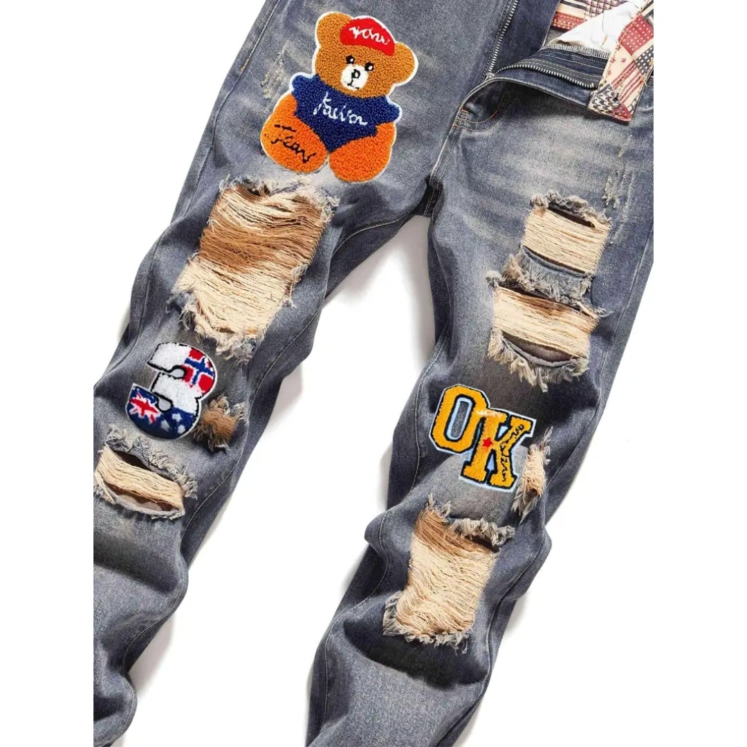 Chenille Patch Ripped Jeans — Slim Straight Stretch Denim, Grey-Blue, view 2