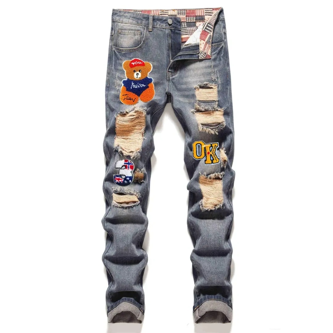 Chenille Patch Ripped Jeans — Slim Straight Stretch Denim, Grey-Blue