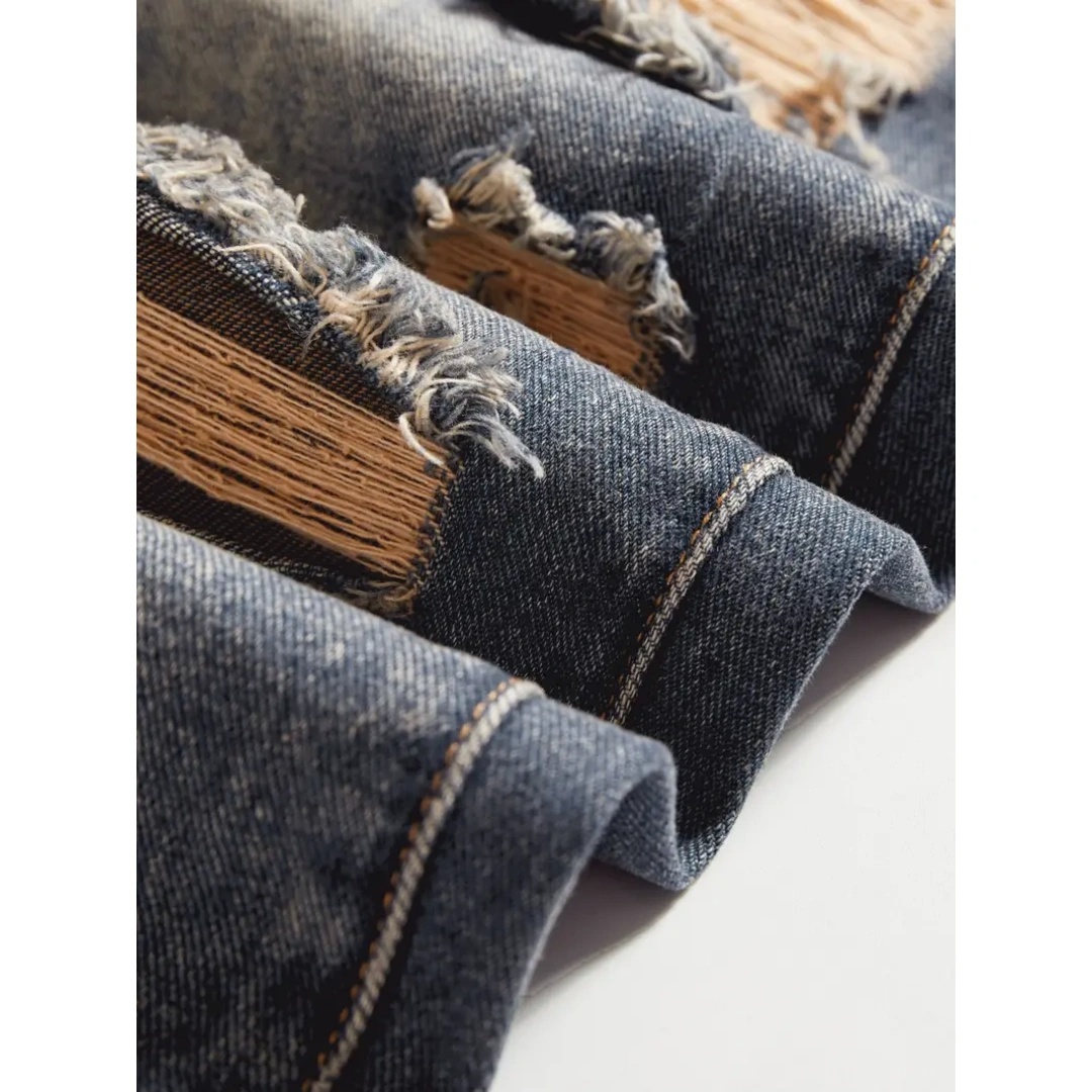 Chenille Patch Ripped Jeans — Slim Straight Stretch Denim, Grey-Blue, view 3