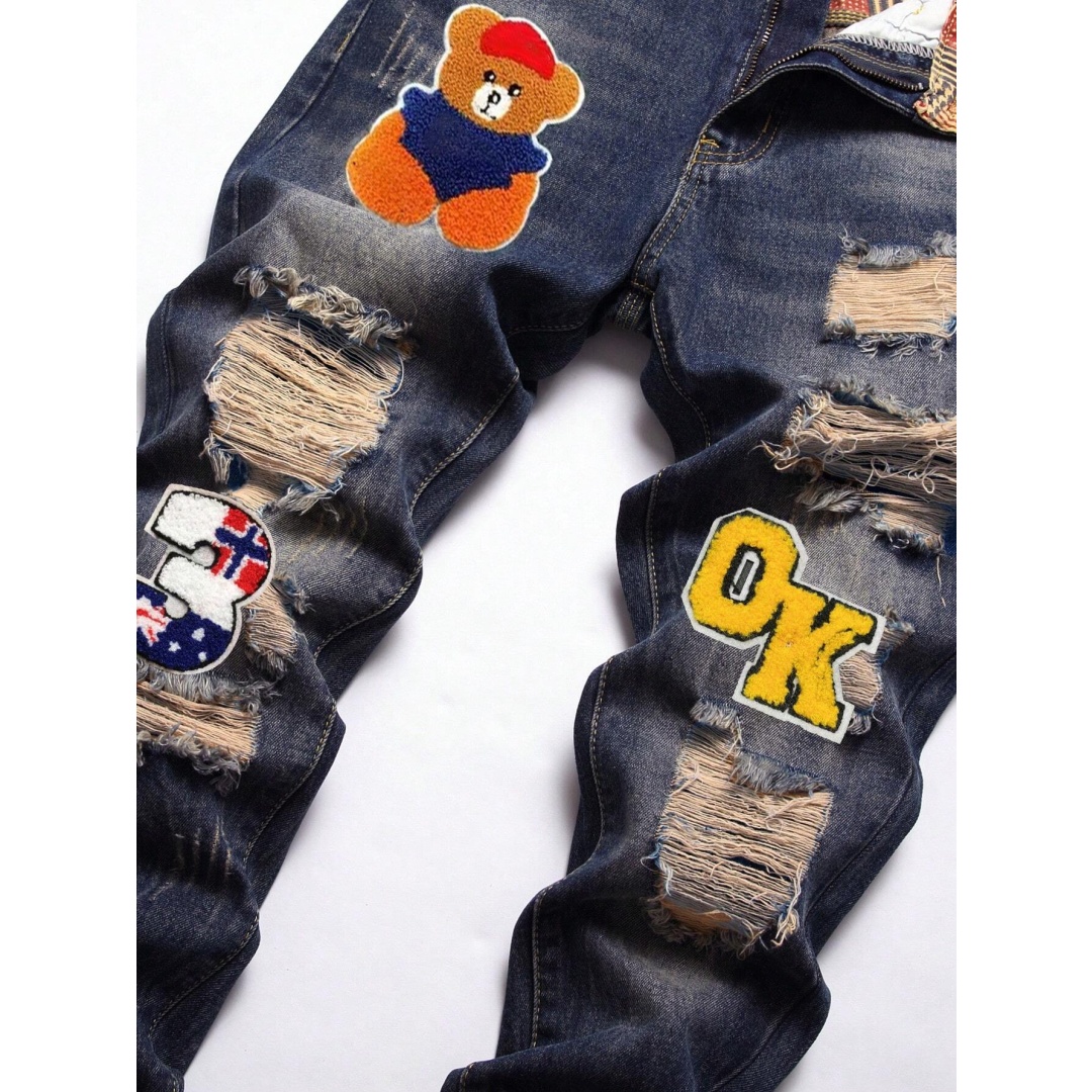 Chenille Patch Ripped Jeans — Slim Straight Stretch Denim, Grey-Blue, view 4