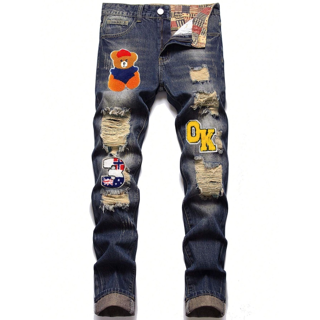 Chenille Patch Ripped Jeans — Slim Straight Stretch Denim, Grey-Blue, view 5