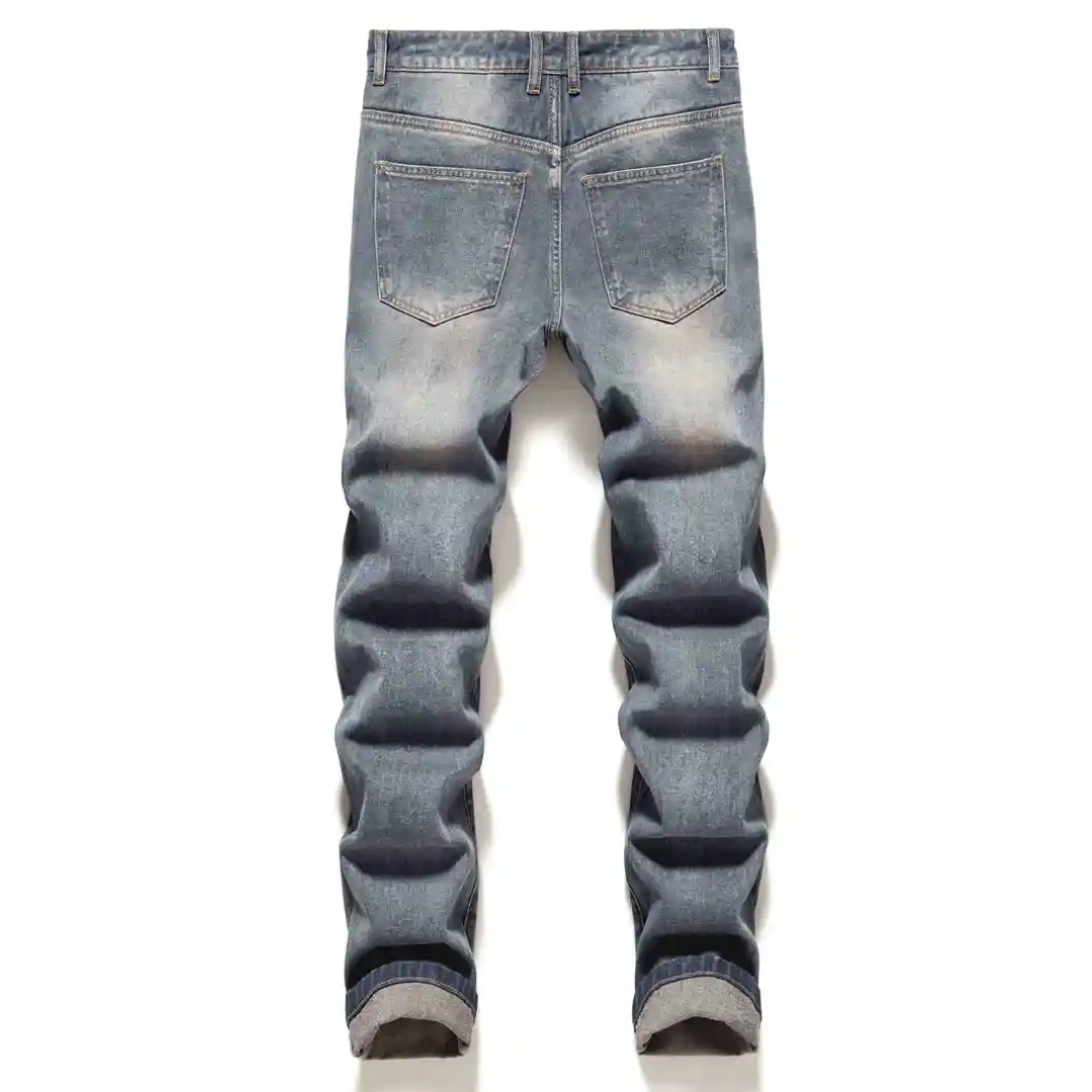 Chenille Patch Ripped Jeans — Slim Straight Stretch Denim, Grey-Blue, view 6