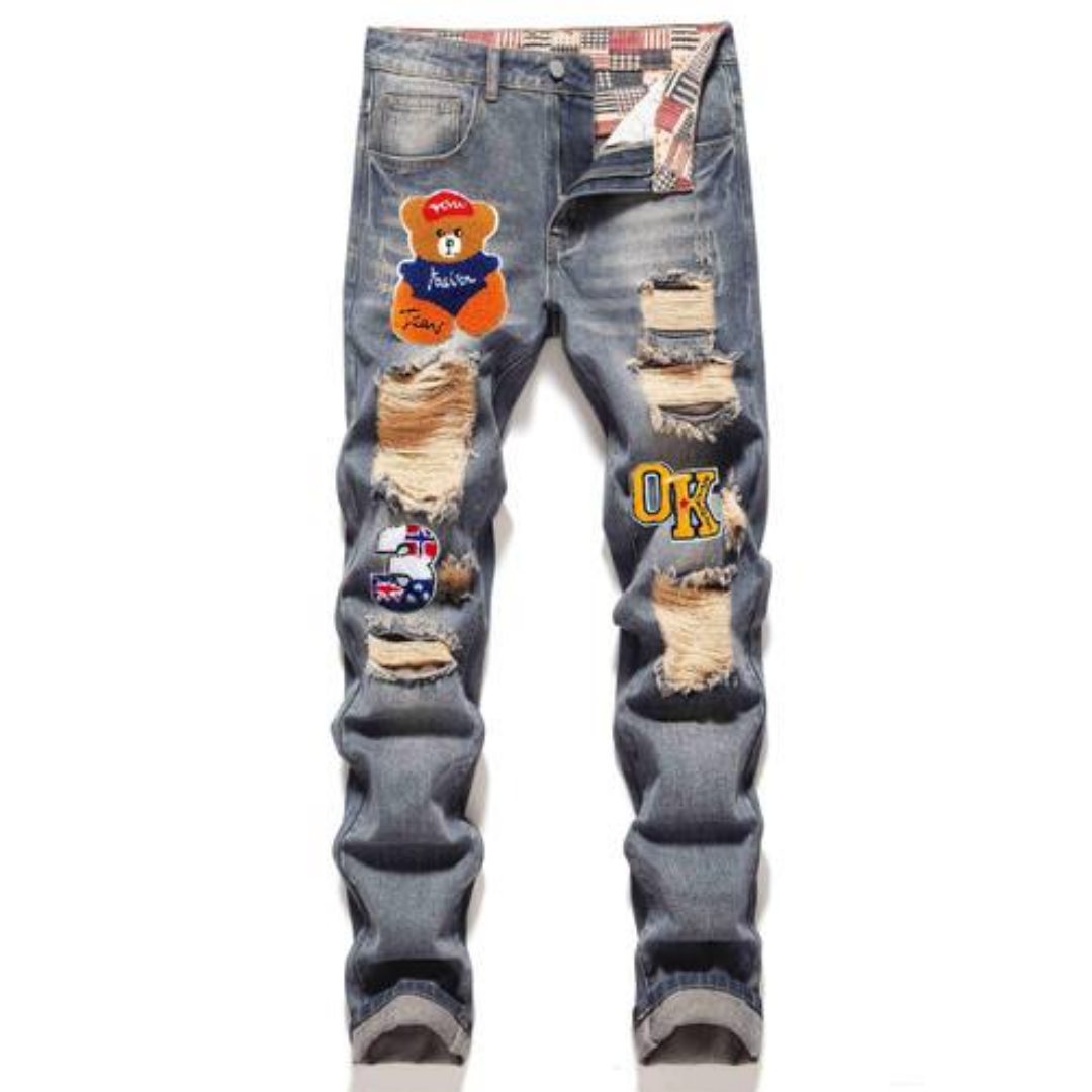 Chenille Patch Ripped Jeans — Slim Straight Stretch Denim, Grey-Blue, view 7