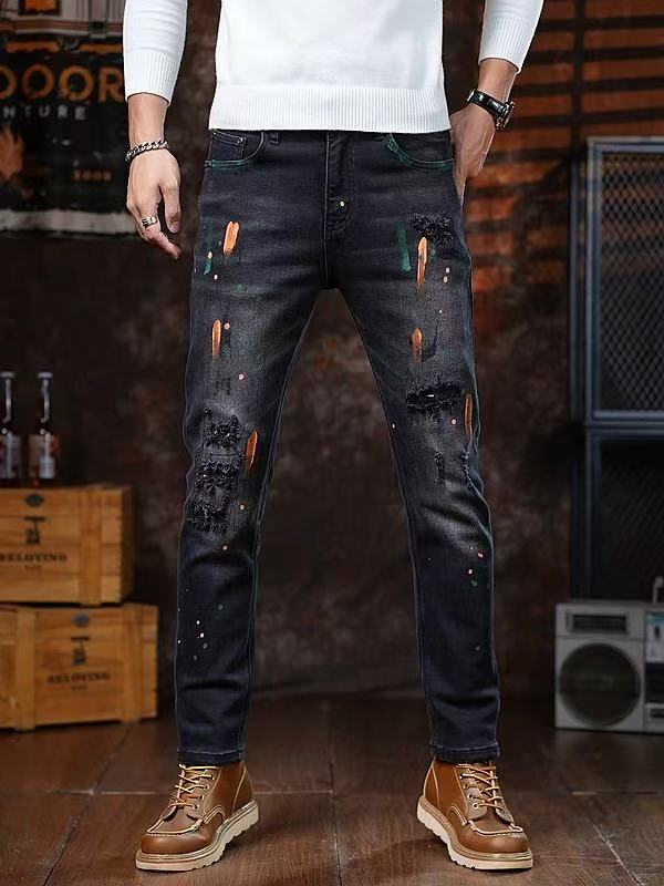 Paint-Splatter Men's Ripped Jeans — Black Straight-Leg 100% Cotton Men's Denim