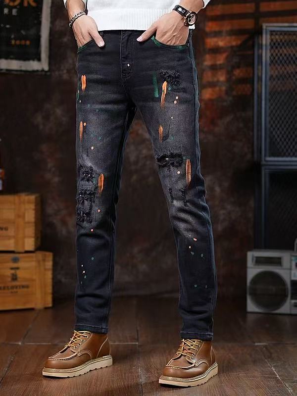 Paint-Splatter Men's Ripped Jeans — Black Straight-Leg 100% Cotton Men's Denim, view 5