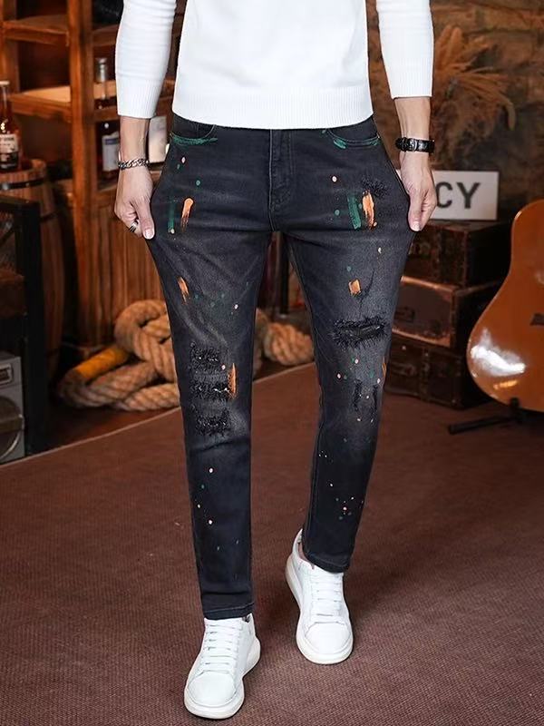 Paint-Splatter Men's Ripped Jeans — Black Straight-Leg 100% Cotton Men's Denim, view 6
