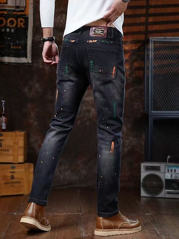 Paint-Splatter Men's Ripped Jeans — Black Straight-Leg 100% Cotton Men's Denim, view 7