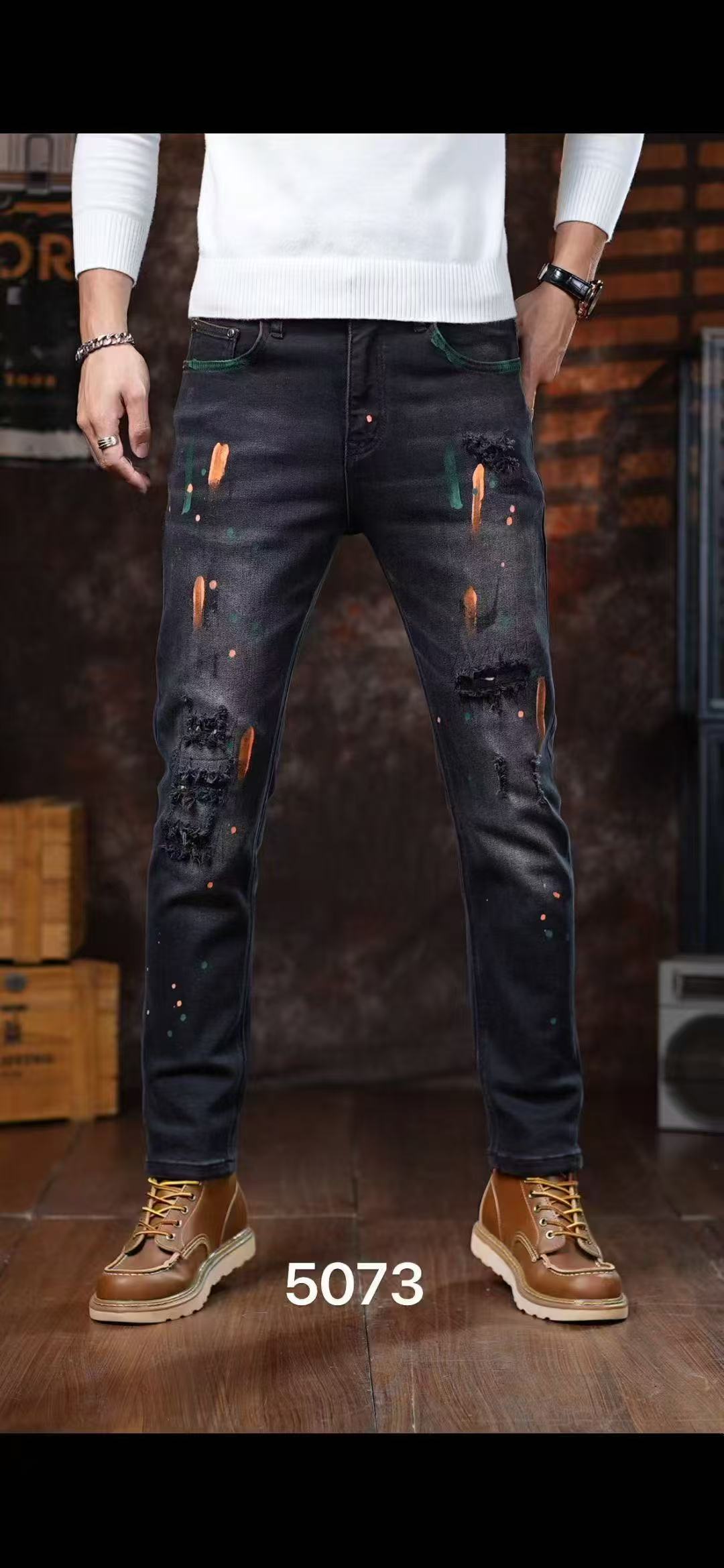Paint-Splatter Men's Ripped Jeans — Black Straight-Leg 100% Cotton Men's Denim, view 2