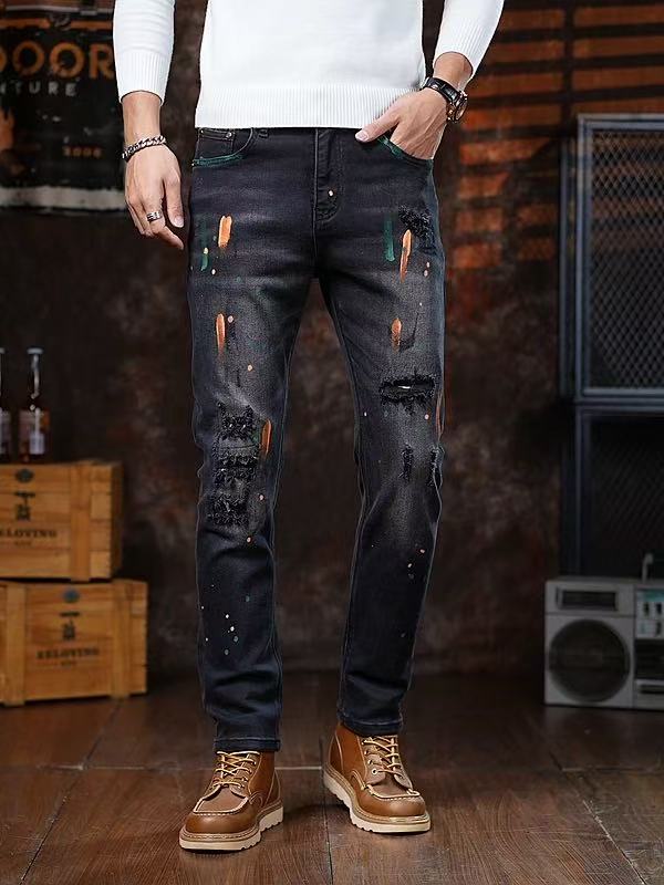 Paint-Splatter Men's Ripped Jeans — Black Straight-Leg 100% Cotton Men's Denim, view 4
