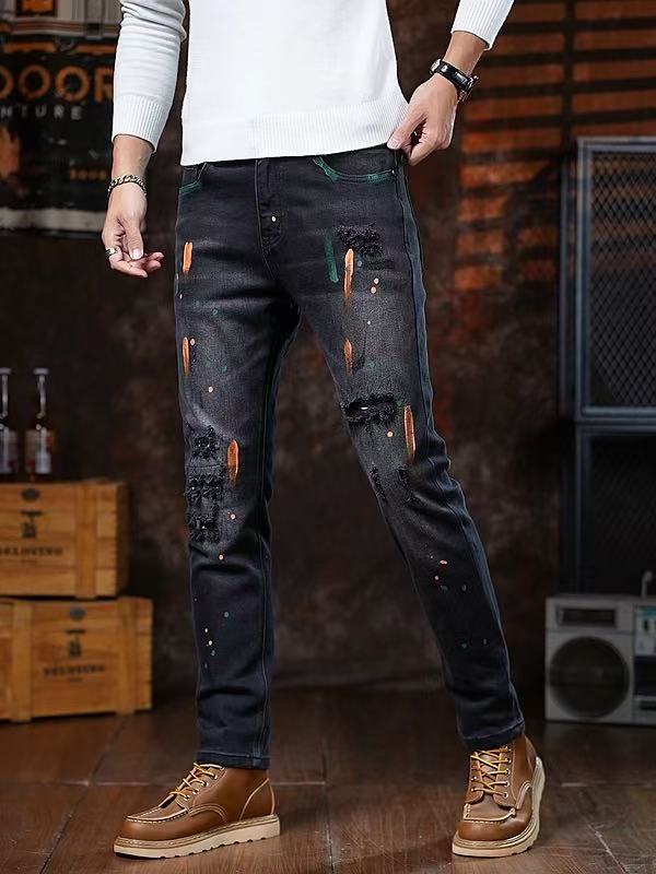 Paint-Splatter Men's Ripped Jeans — Black Straight-Leg 100% Cotton Men's Denim, view 3