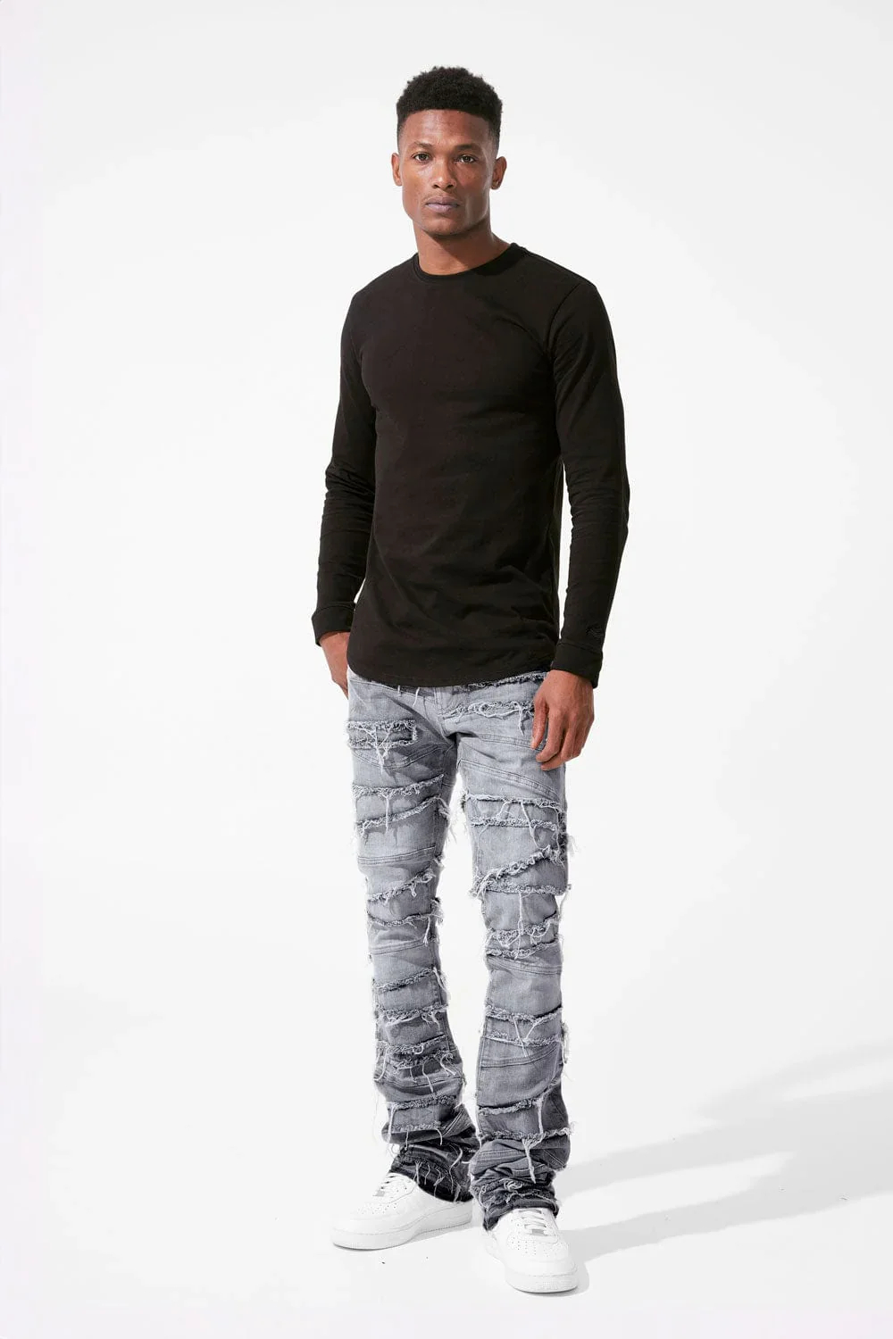 Men's Grey Stacked Jeans — Frayed Panel Slim Straight Denim, view 3